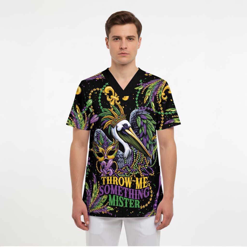 Mardi Gras Pelican Scrub Top Throw me Something Mister! - Wonder Print Shop