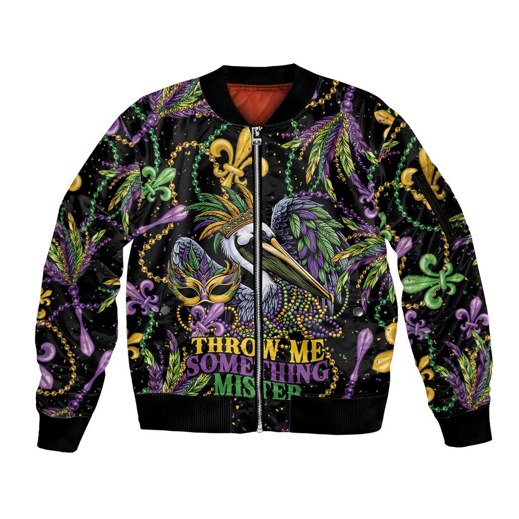 Mardi Gras Pelican Sleeve Zip Bomber Jacket Throw me Something Mister! - Wonder Print Shop