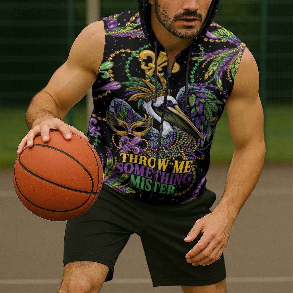 Mardi Gras Pelican Sleeveless Zip Hoodie Throw me Something Mister! - Wonder Print Shop