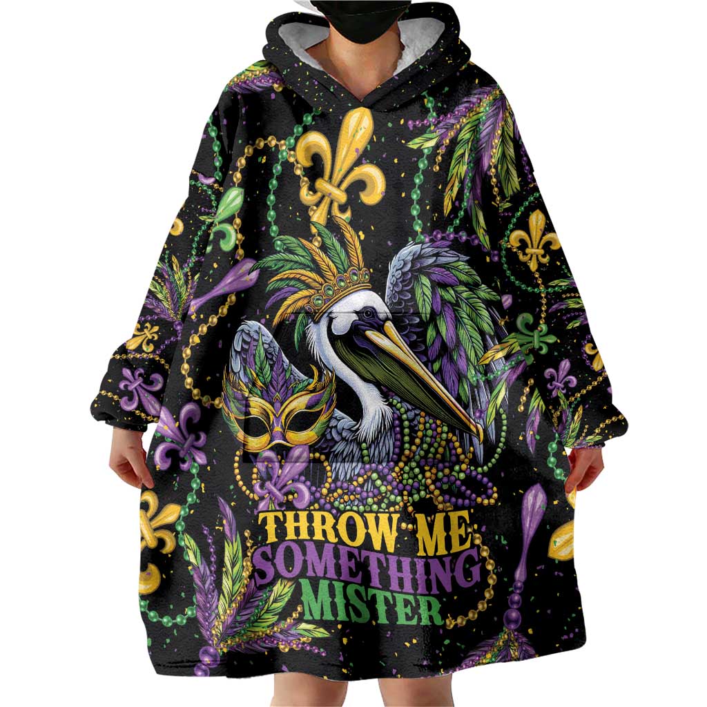 Mardi Gras Pelican Wearable Blanket Hoodie Throw me Something Mister! - Wonder Print Shop