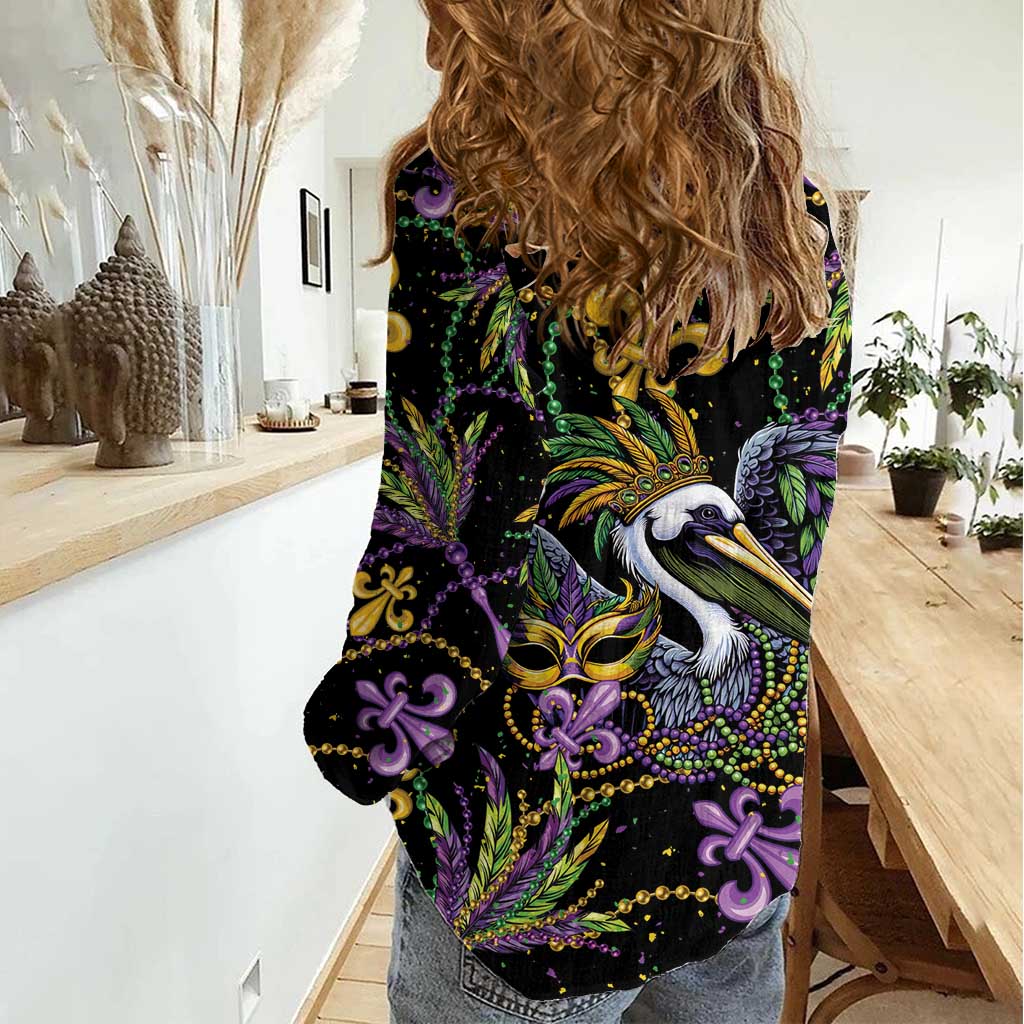 Mardi Gras Pelican Women Casual Shirt Throw me Something Mister! - Wonder Print Shop