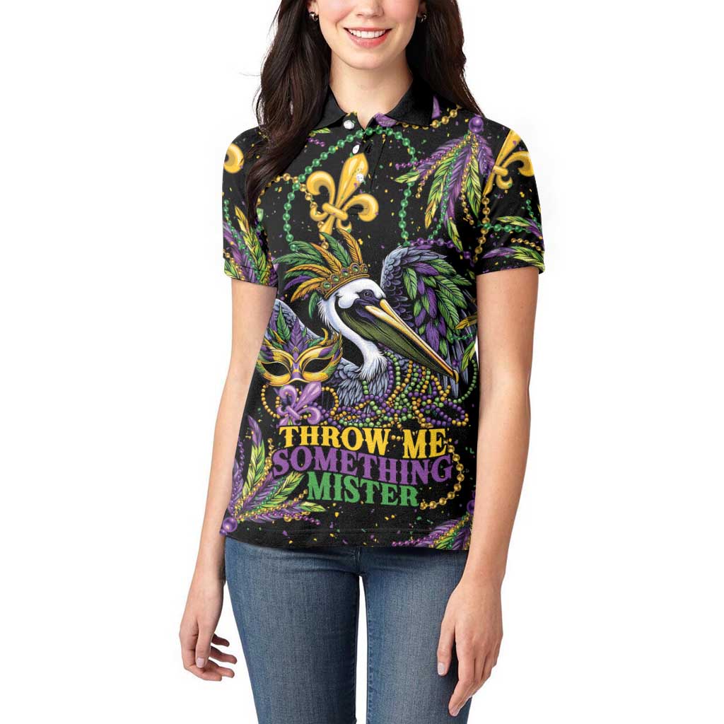 Mardi Gras Pelican Women Polo Shirt Throw me Something Mister! - Wonder Print Shop