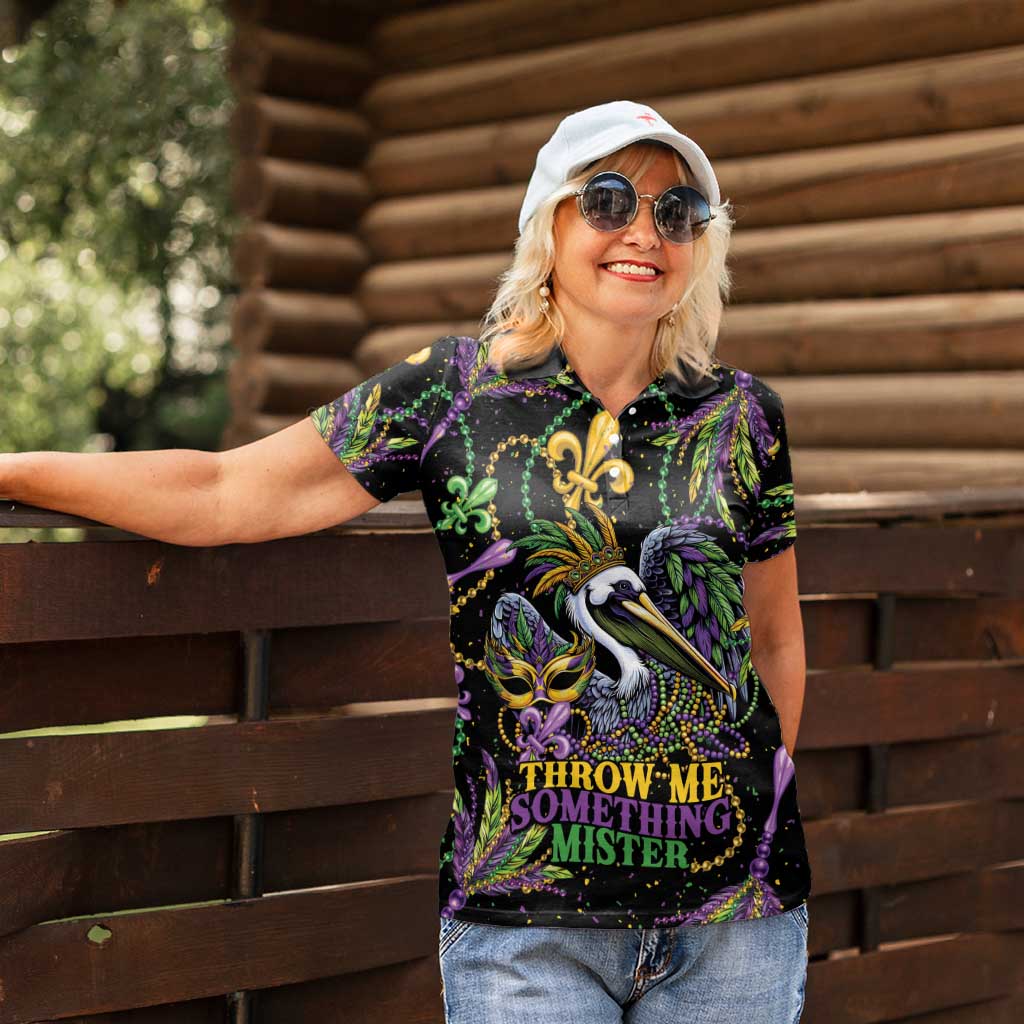 Mardi Gras Pelican Women Polo Shirt Throw me Something Mister! - Wonder Print Shop