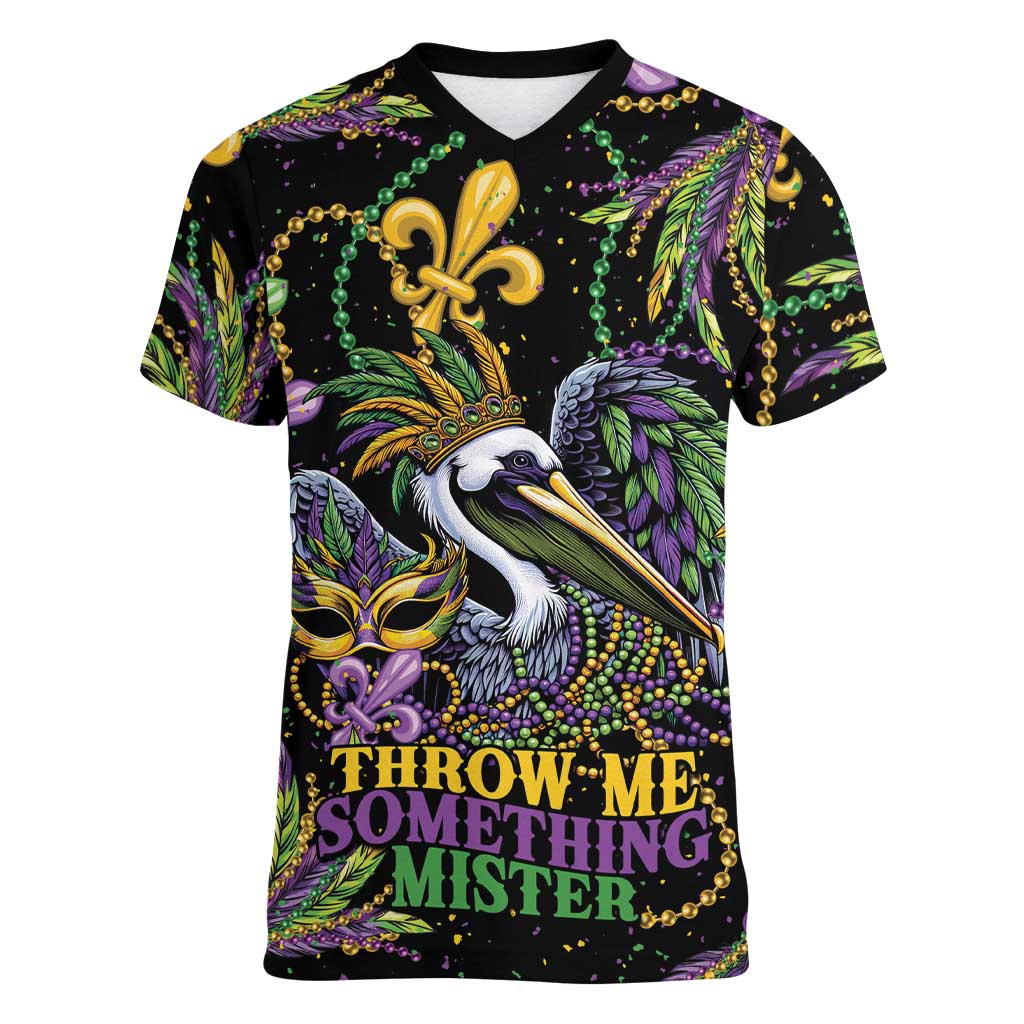 Mardi Gras Pelican Women V-Neck T-Shirt Throw me Something Mister! - Wonder Print Shop