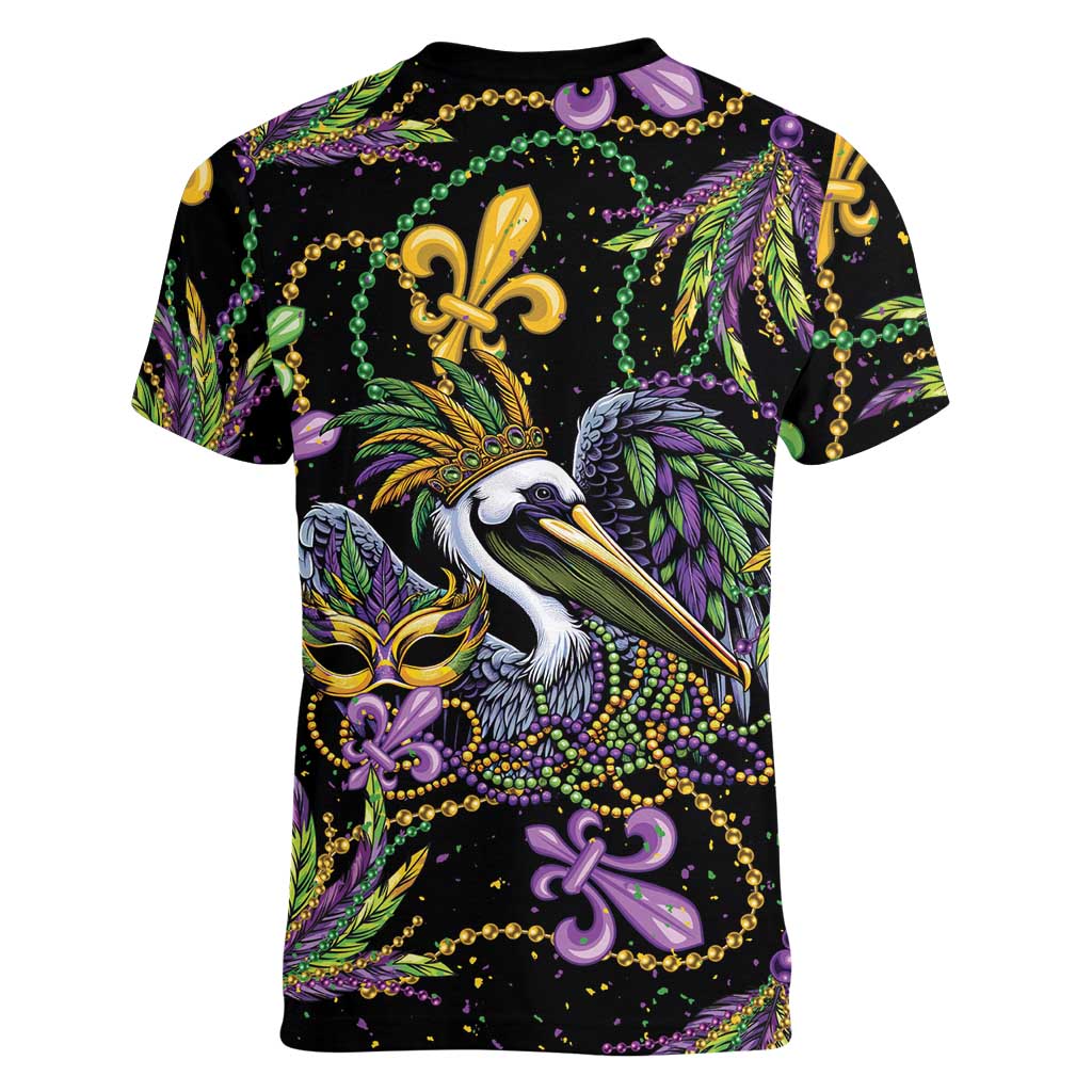 Mardi Gras Pelican Women V-Neck T-Shirt Throw me Something Mister! - Wonder Print Shop
