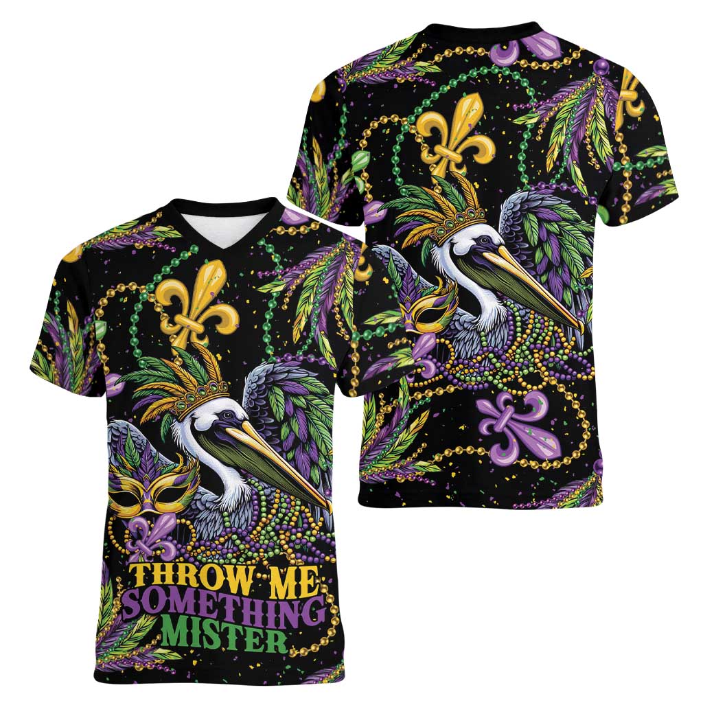 Mardi Gras Pelican Women V-Neck T-Shirt Throw me Something Mister! - Wonder Print Shop