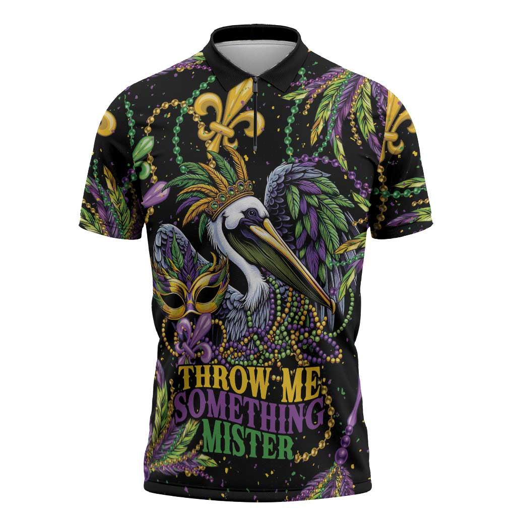 Mardi Gras Pelican Zipper Polo Shirt Throw me Something Mister! - Wonder Print Shop