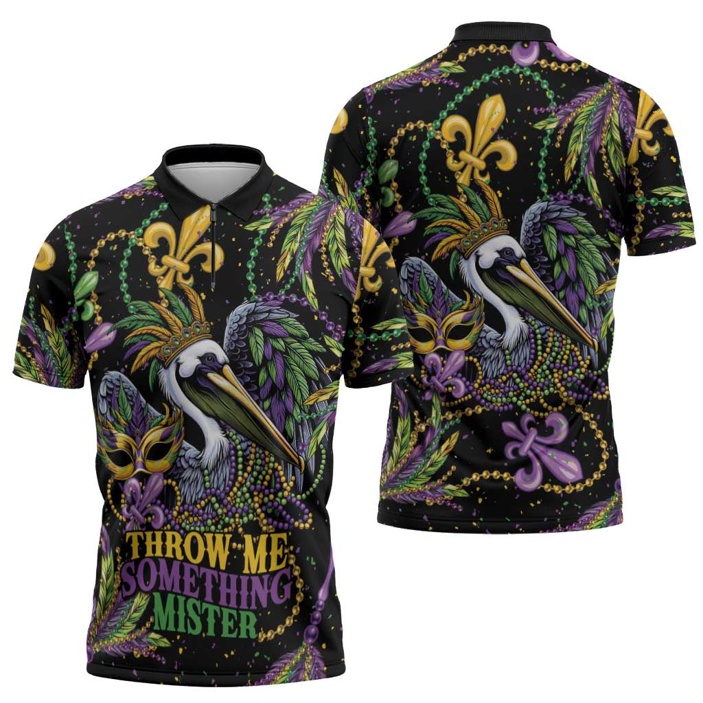 Mardi Gras Pelican Zipper Polo Shirt Throw me Something Mister! - Wonder Print Shop
