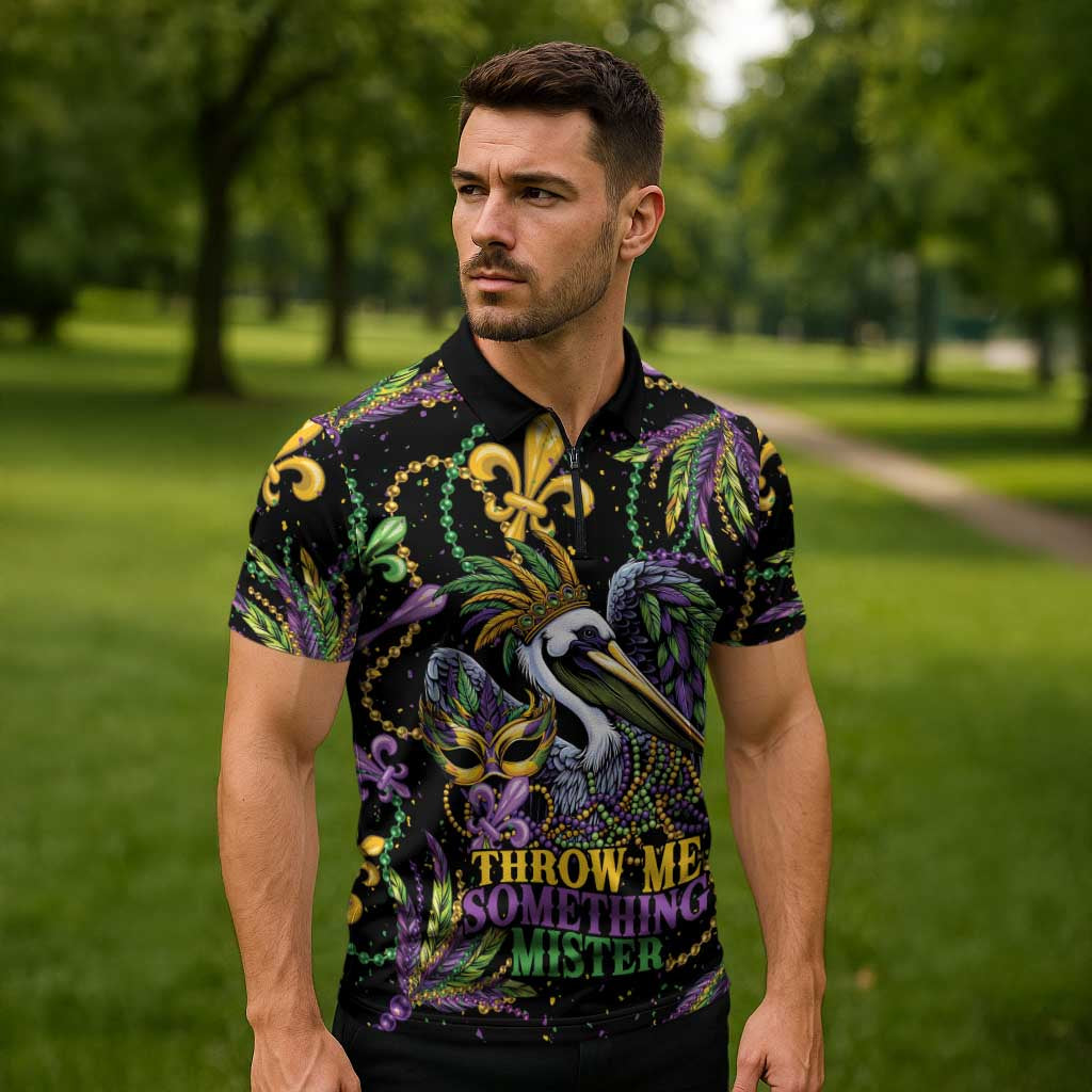 Mardi Gras Pelican Zipper Polo Shirt Throw me Something Mister! - Wonder Print Shop