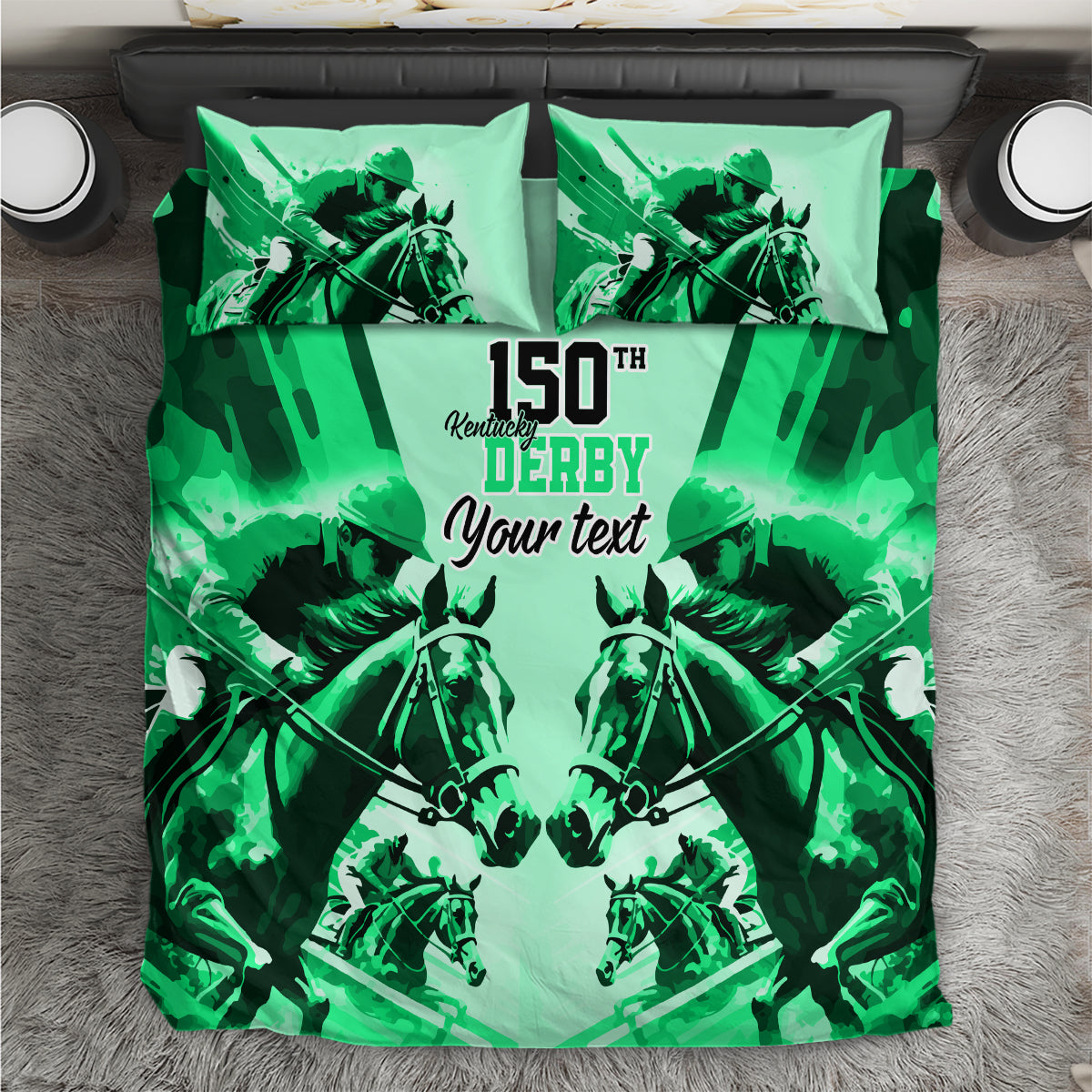 Personalized Kentucky Horse Racing Bedding Set Happy 150th Anniversary Green Style