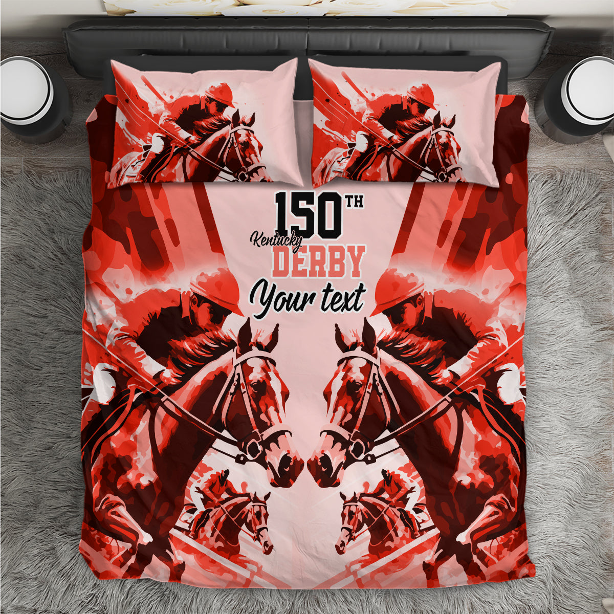 Personalized Kentucky Horse Racing Bedding Set Happy 150th Anniversary Red Style