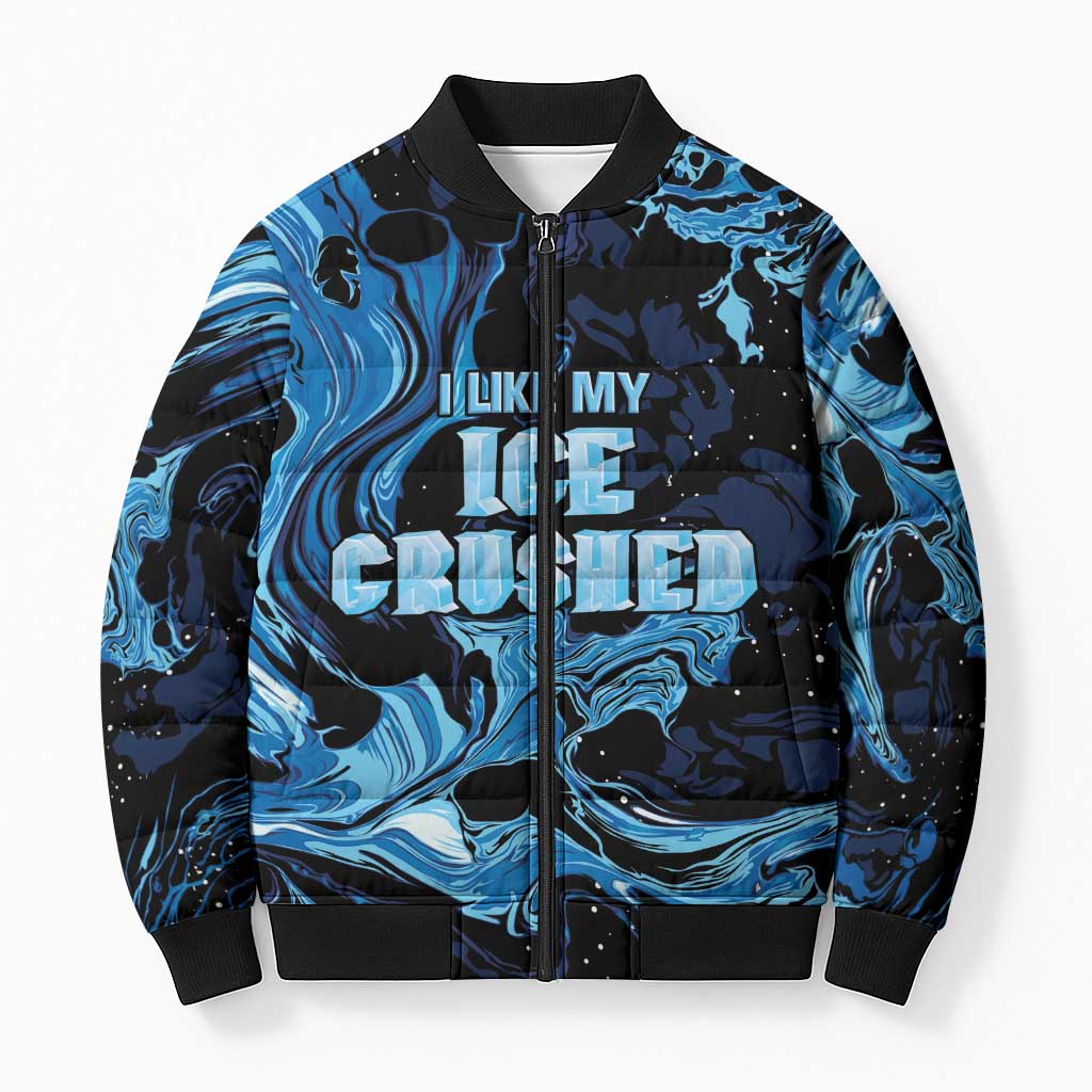 I Like My Ice Crushed Personalized Bomber Puffer Jacket Ice Blue White Marble Seamless