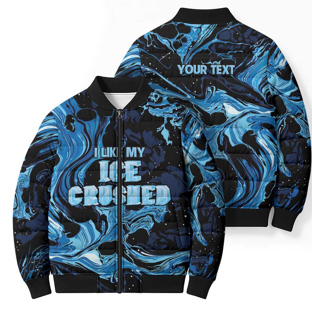 I Like My Ice Crushed Personalized Bomber Puffer Jacket Ice Blue White Marble Seamless