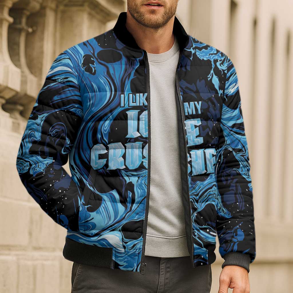 I Like My Ice Crushed Personalized Bomber Puffer Jacket Ice Blue White Marble Seamless