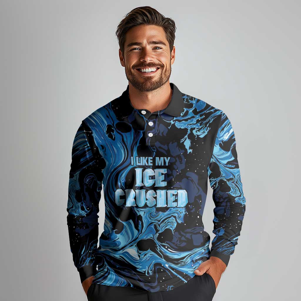 I Like My Ice Crushed Personalized Long Sleeve Polo Shirt Ice Blue White Marble Seamless