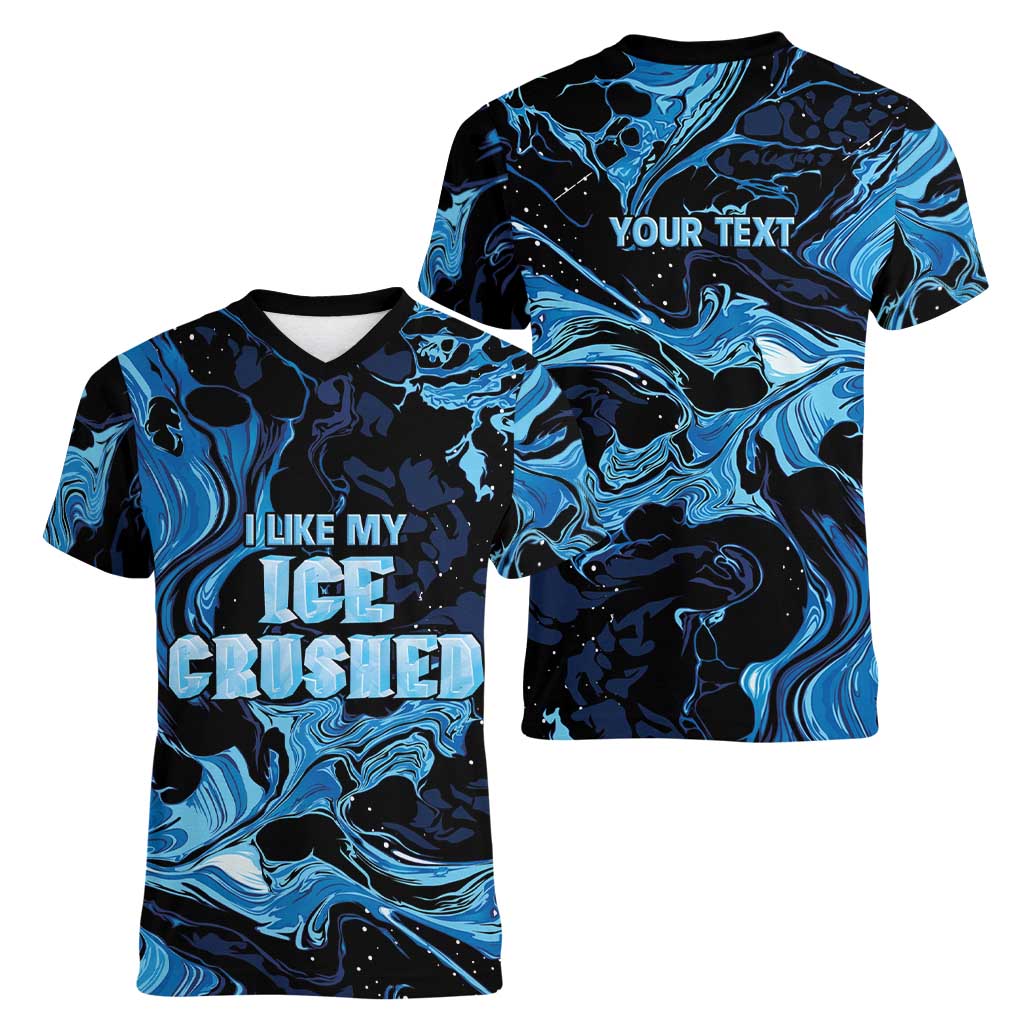 I Like My Ice Crushed Personalized Women V-Neck T-Shirt Ice Blue White Marble Seamless