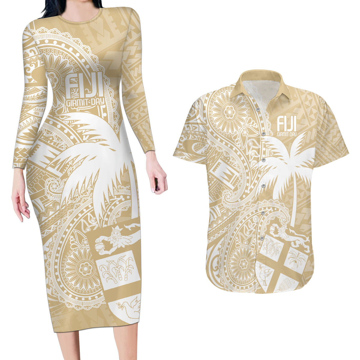 Custom Indo Fijians Couples Matching Long Sleeve Bodycon Dress and Hawaiian Shirt Fiji ke Hindustani Polyneisan Paisley Beige Style LT9 - Wonder Print Shop
