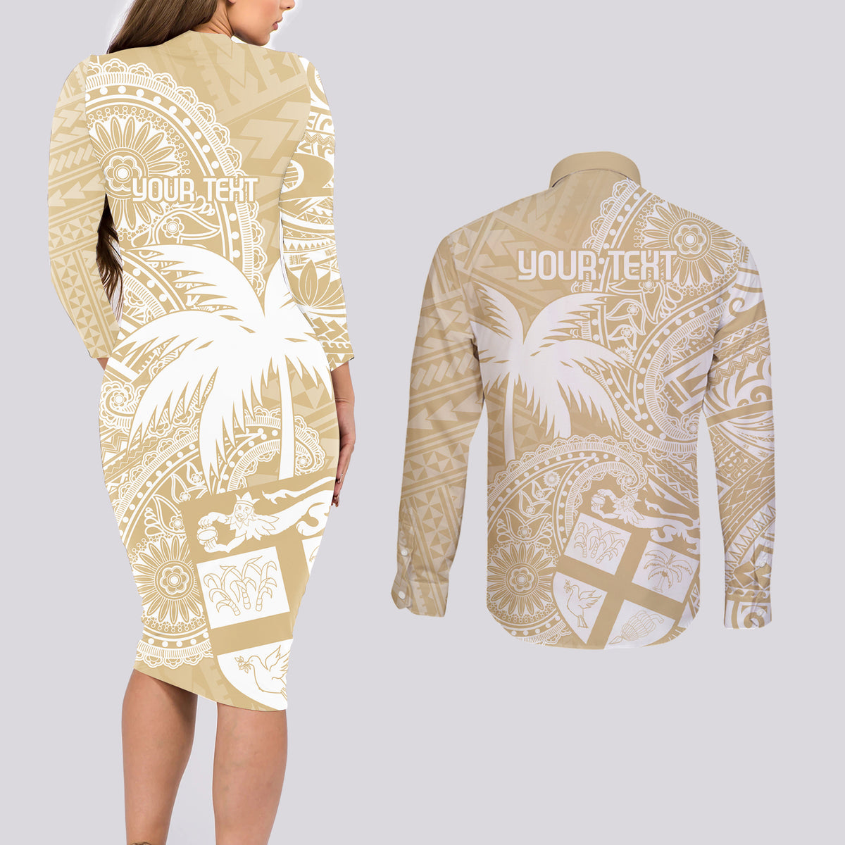 Custom Indo Fijians Couples Matching Long Sleeve Bodycon Dress and Long Sleeve Button Shirt Fiji ke Hindustani Polyneisan Paisley Beige Style LT9 - Wonder Print Shop