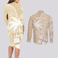 Custom Indo Fijians Couples Matching Long Sleeve Bodycon Dress and Long Sleeve Button Shirt Fiji ke Hindustani Polyneisan Paisley Beige Style LT9 - Wonder Print Shop