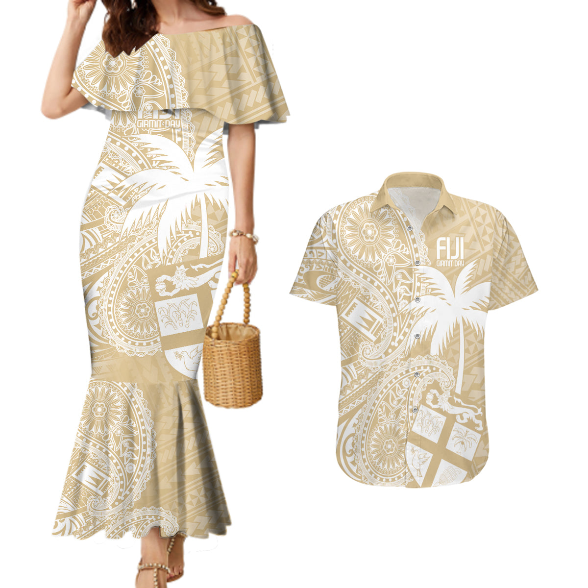 Custom Indo Fijians Couples Matching Mermaid Dress and Hawaiian Shirt Fiji ke Hindustani Polyneisan Paisley Beige Style LT9 - Wonder Print Shop