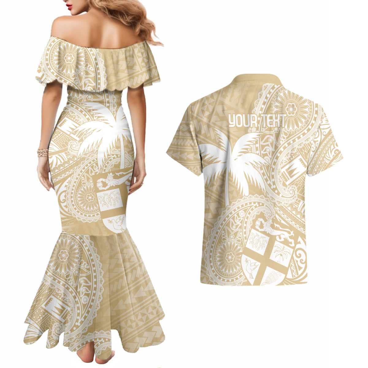Custom Indo Fijians Couples Matching Mermaid Dress and Hawaiian Shirt Fiji ke Hindustani Polyneisan Paisley Beige Style LT9 - Wonder Print Shop