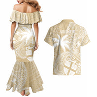 Custom Indo Fijians Couples Matching Mermaid Dress and Hawaiian Shirt Fiji ke Hindustani Polyneisan Paisley Beige Style LT9 - Wonder Print Shop