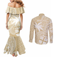 Custom Indo Fijians Couples Matching Mermaid Dress and Long Sleeve Button Shirt Fiji ke Hindustani Polyneisan Paisley Beige Style