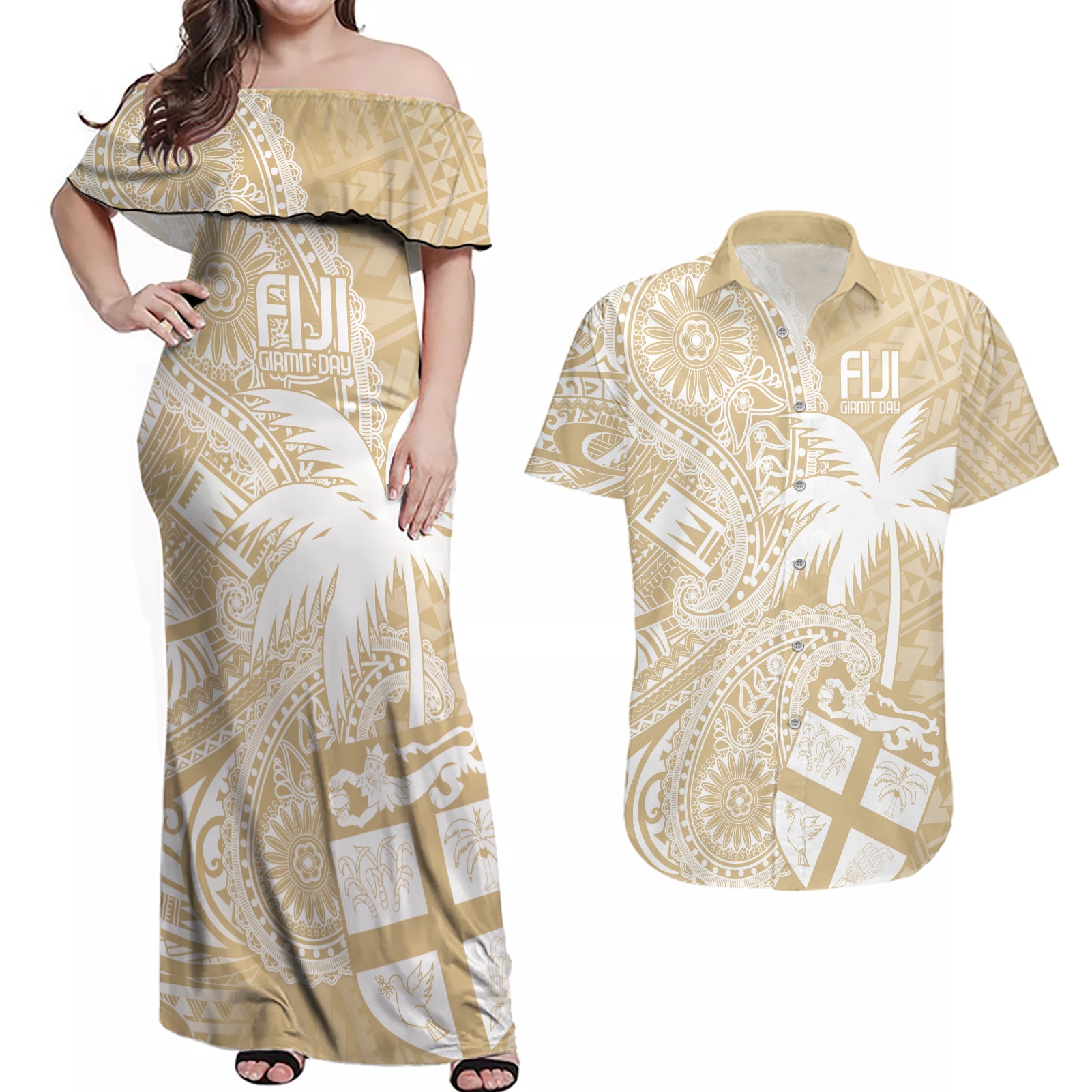 Custom Indo Fijians Couples Matching Off Shoulder Maxi Dress and Hawaiian Shirt Fiji ke Hindustani Polyneisan Paisley Beige Style LT9 - Wonder Print Shop