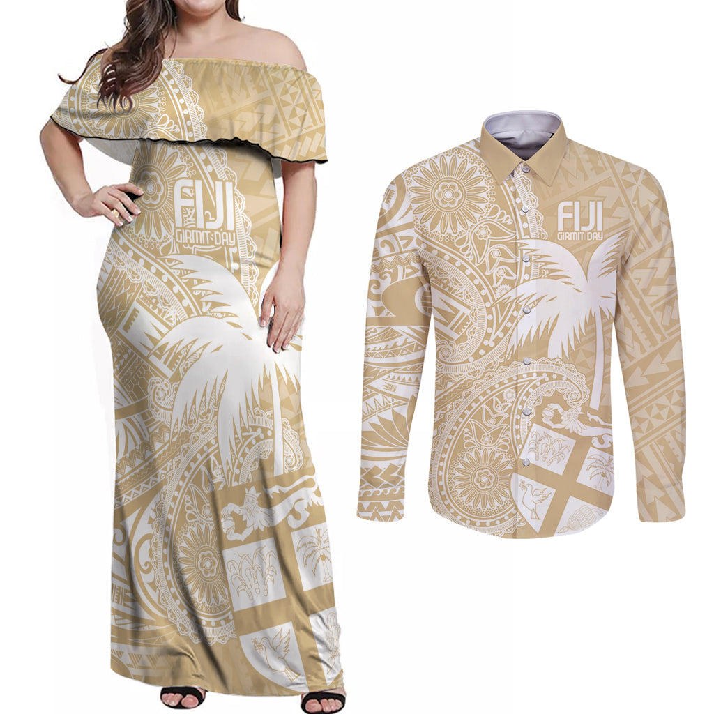 Custom Indo Fijians Couples Matching Off Shoulder Maxi Dress and Long Sleeve Button Shirt Fiji ke Hindustani Polyneisan Paisley Beige Style LT9 - Wonder Print Shop