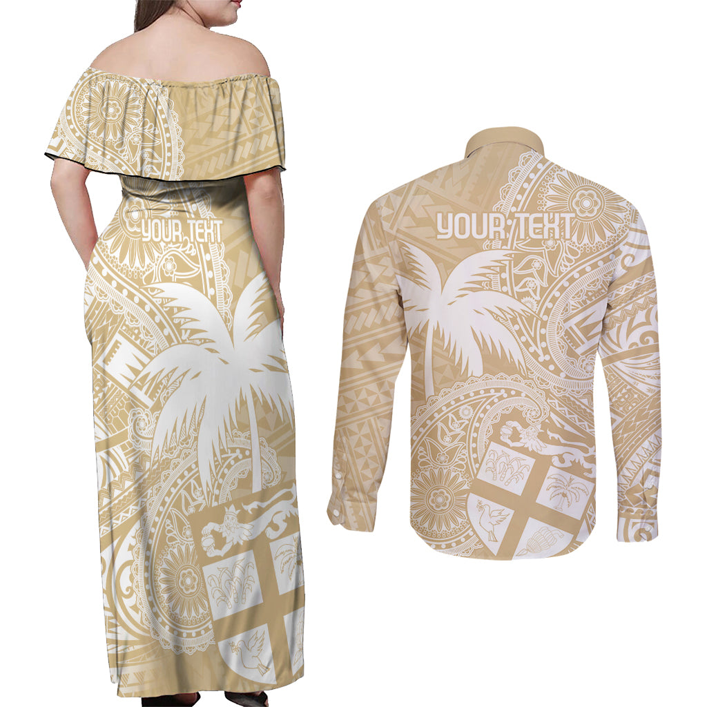 Custom Indo Fijians Couples Matching Off Shoulder Maxi Dress and Long Sleeve Button Shirt Fiji ke Hindustani Polyneisan Paisley Beige Style LT9 - Wonder Print Shop