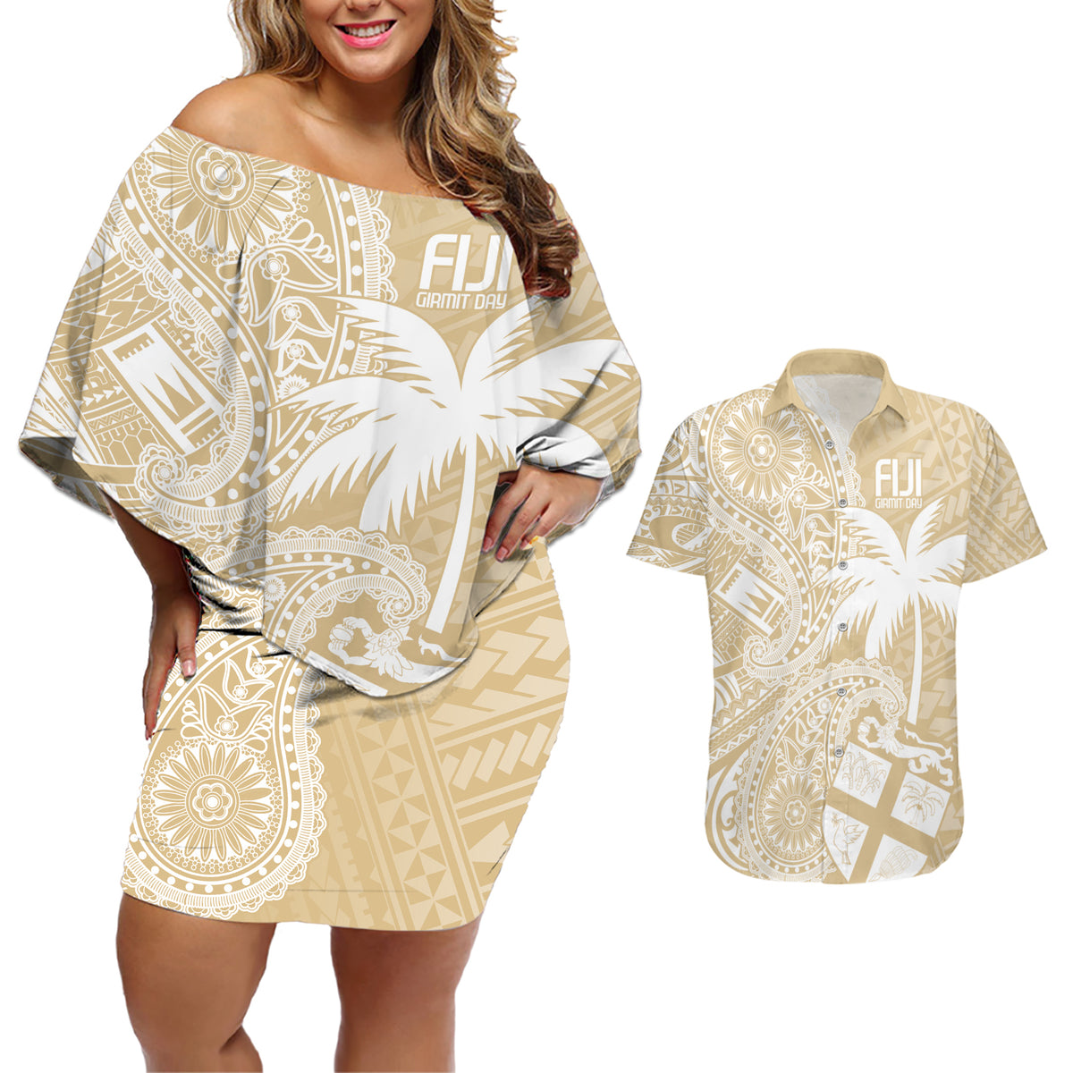 Custom Indo Fijians Couples Matching Off Shoulder Short Dress and Hawaiian Shirt Fiji ke Hindustani Polyneisan Paisley Beige Style LT9 - Wonder Print Shop