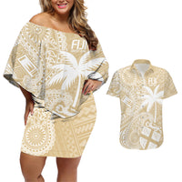 Custom Indo Fijians Couples Matching Off Shoulder Short Dress and Hawaiian Shirt Fiji ke Hindustani Polyneisan Paisley Beige Style LT9 - Wonder Print Shop