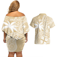 Custom Indo Fijians Couples Matching Off Shoulder Short Dress and Hawaiian Shirt Fiji ke Hindustani Polyneisan Paisley Beige Style LT9 - Wonder Print Shop