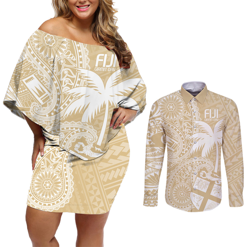 Custom Indo Fijians Couples Matching Off Shoulder Short Dress and Long Sleeve Button Shirt Fiji ke Hindustani Polyneisan Paisley Beige Style LT9 - Wonder Print Shop