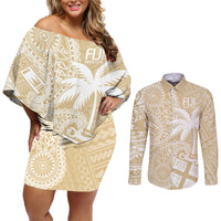 Custom Indo Fijians Couples Matching Off Shoulder Short Dress and Long Sleeve Button Shirt Fiji ke Hindustani Polyneisan Paisley Beige Style LT9 - Wonder Print Shop