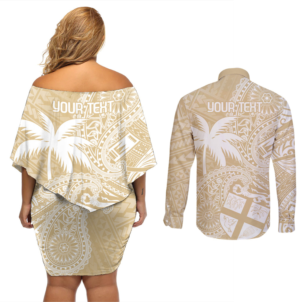 Custom Indo Fijians Couples Matching Off Shoulder Short Dress and Long Sleeve Button Shirt Fiji ke Hindustani Polyneisan Paisley Beige Style LT9 - Wonder Print Shop