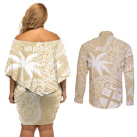 Custom Indo Fijians Couples Matching Off Shoulder Short Dress and Long Sleeve Button Shirt Fiji ke Hindustani Polyneisan Paisley Beige Style LT9 - Wonder Print Shop