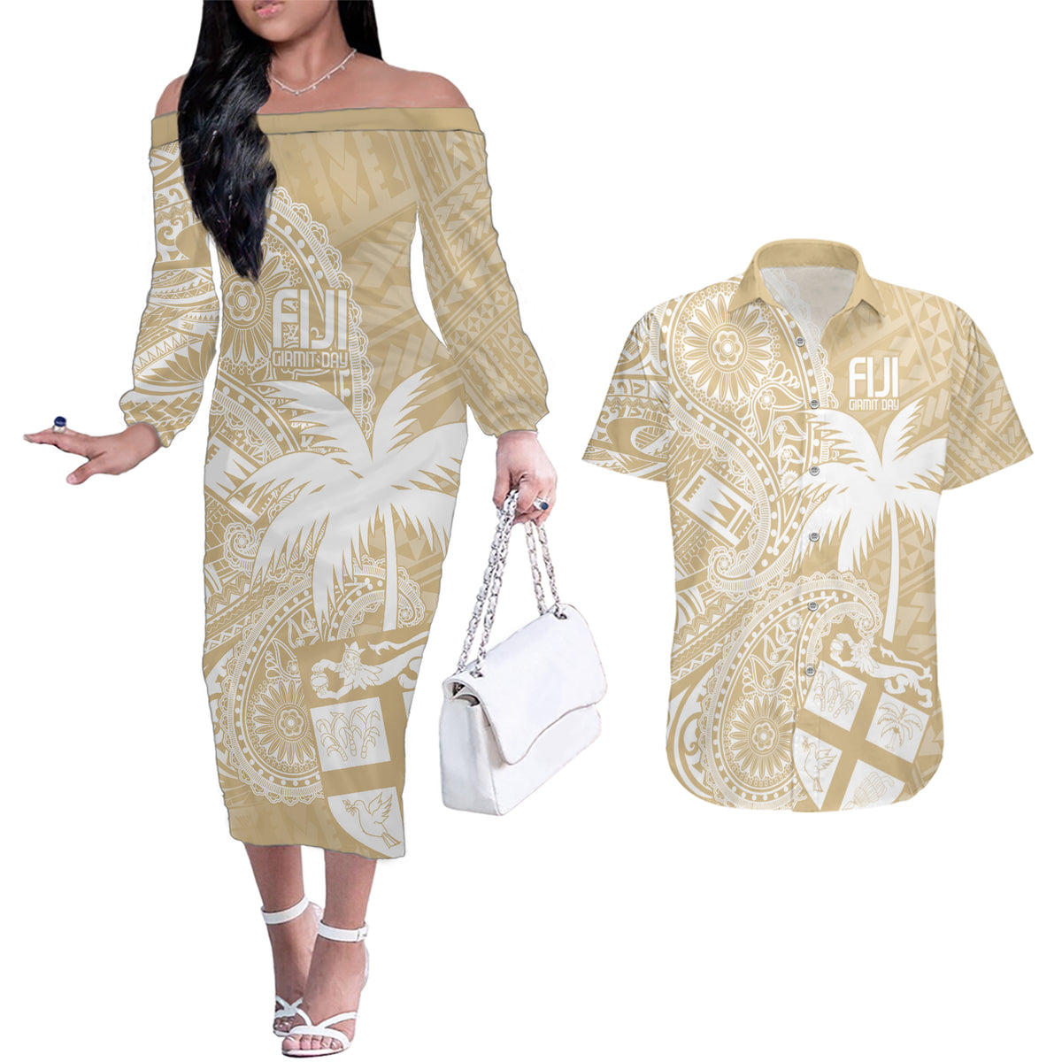 Custom Indo Fijians Couples Matching Off The Shoulder Long Sleeve Dress and Hawaiian Shirt Fiji ke Hindustani Polyneisan Paisley Beige Style LT9 - Wonder Print Shop