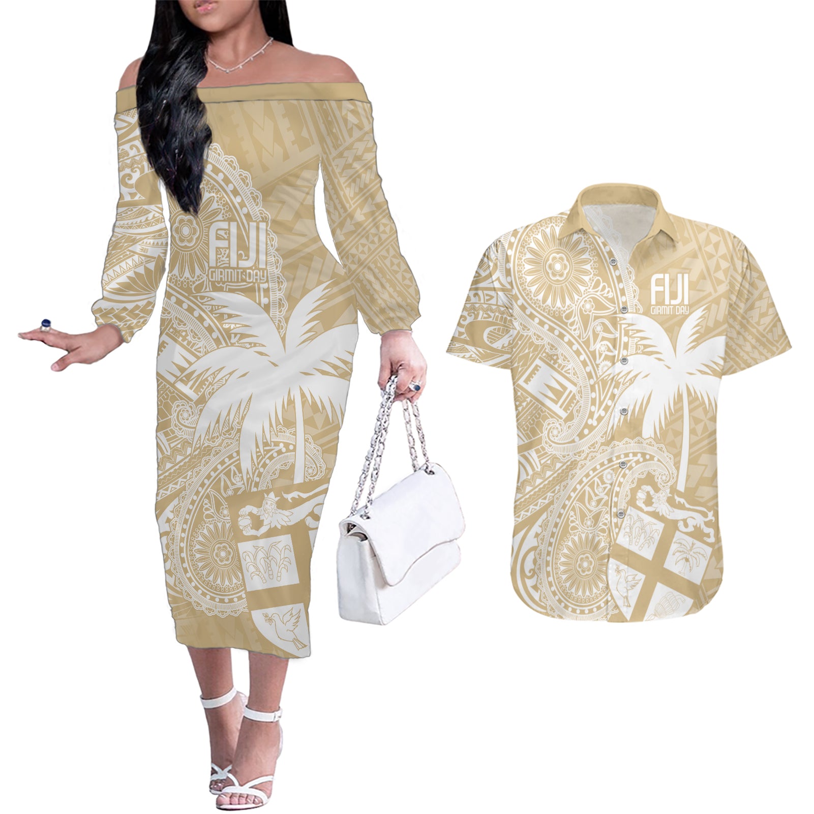 Custom Indo Fijians Couples Matching Off The Shoulder Long Sleeve Dress and Hawaiian Shirt Fiji ke Hindustani Polyneisan Paisley Beige Style LT9 - Wonder Print Shop