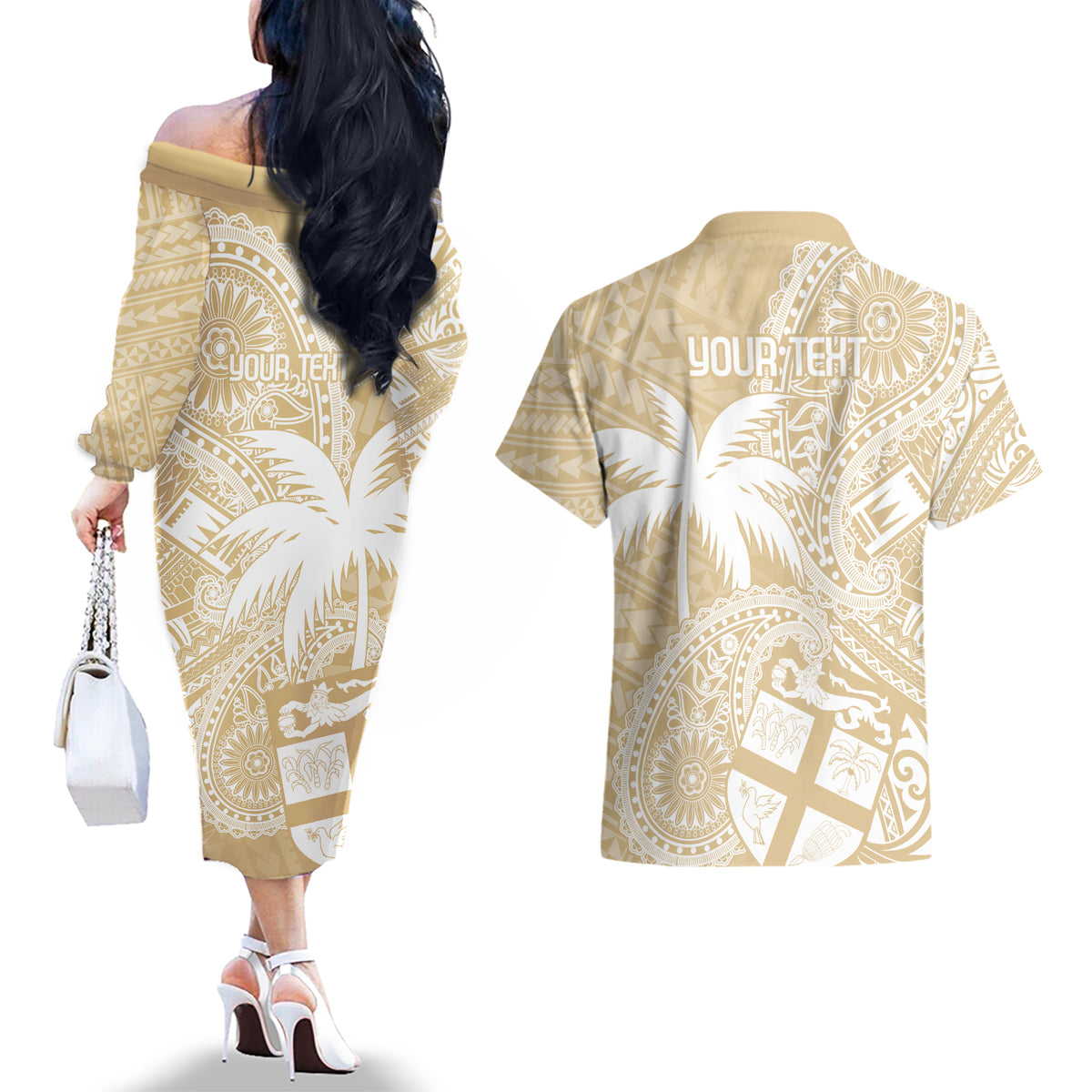 Custom Indo Fijians Couples Matching Off The Shoulder Long Sleeve Dress and Hawaiian Shirt Fiji ke Hindustani Polyneisan Paisley Beige Style LT9 - Wonder Print Shop