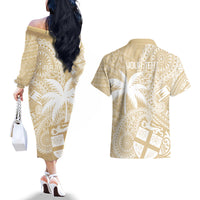 Custom Indo Fijians Couples Matching Off The Shoulder Long Sleeve Dress and Hawaiian Shirt Fiji ke Hindustani Polyneisan Paisley Beige Style LT9 - Wonder Print Shop
