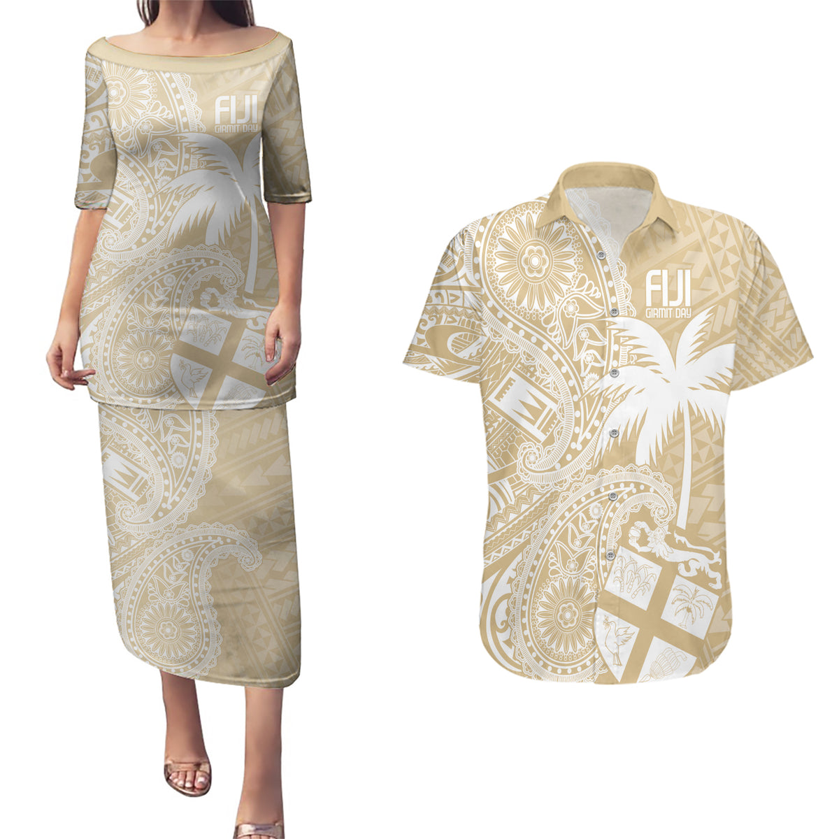 Custom Indo Fijians Couples Matching Puletasi and Hawaiian Shirt Fiji ke Hindustani Polyneisan Paisley Beige Style LT9 - Wonder Print Shop