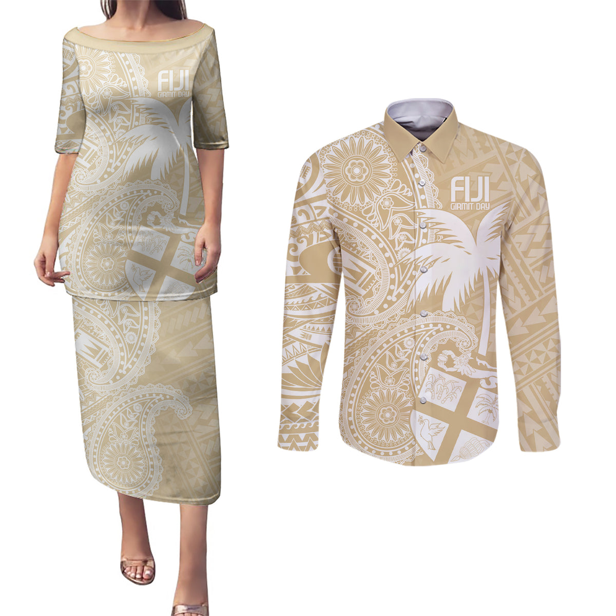 Custom Indo Fijians Couples Matching Puletasi and Long Sleeve Button Shirt Fiji ke Hindustani Polyneisan Paisley Beige Style LT9 - Wonder Print Shop