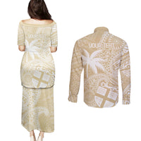 Custom Indo Fijians Couples Matching Puletasi and Long Sleeve Button Shirt Fiji ke Hindustani Polyneisan Paisley Beige Style LT9 - Wonder Print Shop