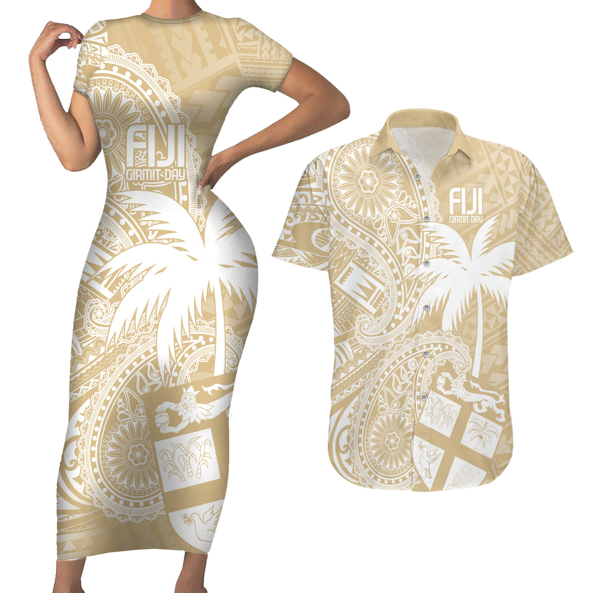 Custom Indo Fijians Couples Matching Short Sleeve Bodycon Dress and Hawaiian Shirt Fiji ke Hindustani Polyneisan Paisley Beige Style LT9 - Wonder Print Shop