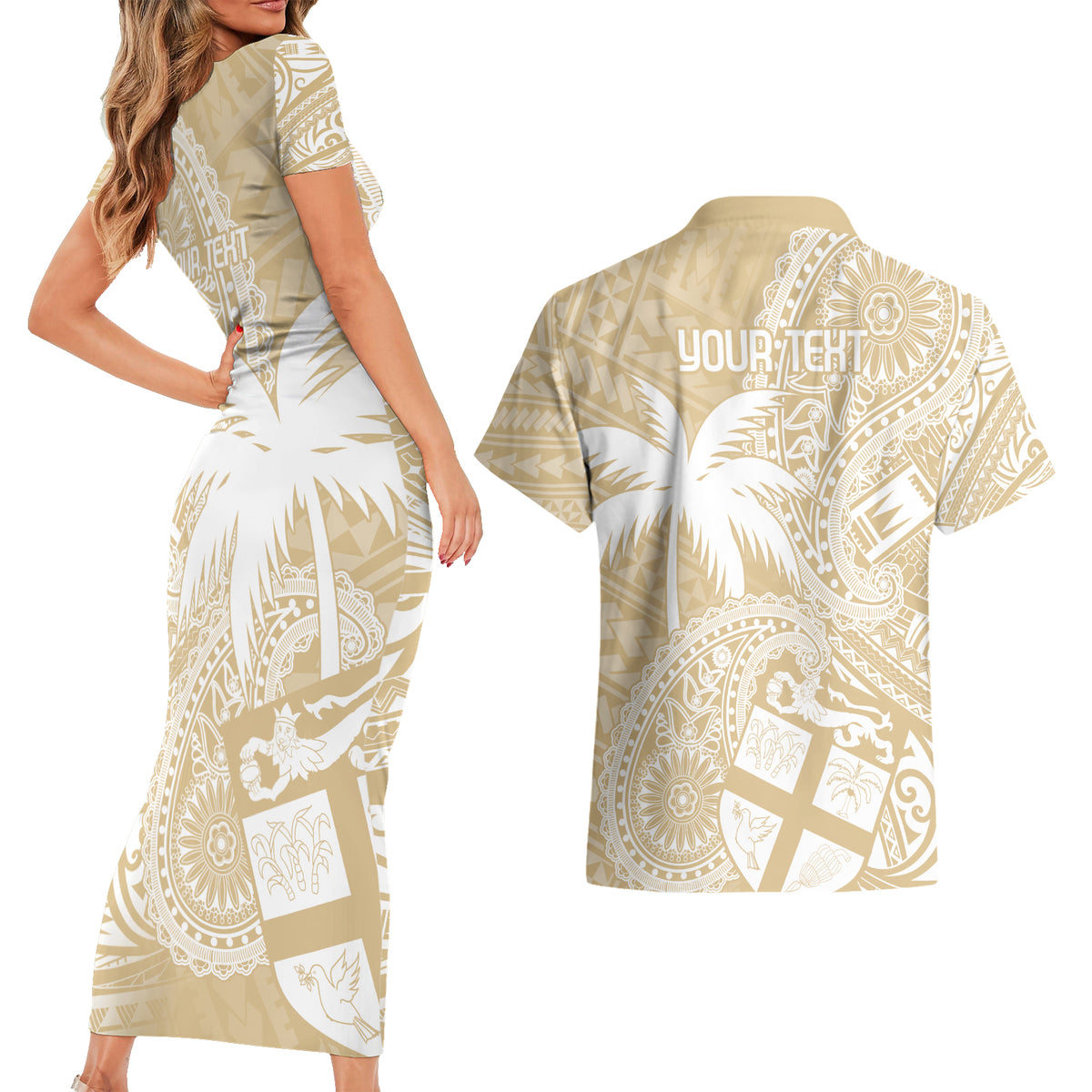 Custom Indo Fijians Couples Matching Short Sleeve Bodycon Dress and Hawaiian Shirt Fiji ke Hindustani Polyneisan Paisley Beige Style LT9 - Wonder Print Shop