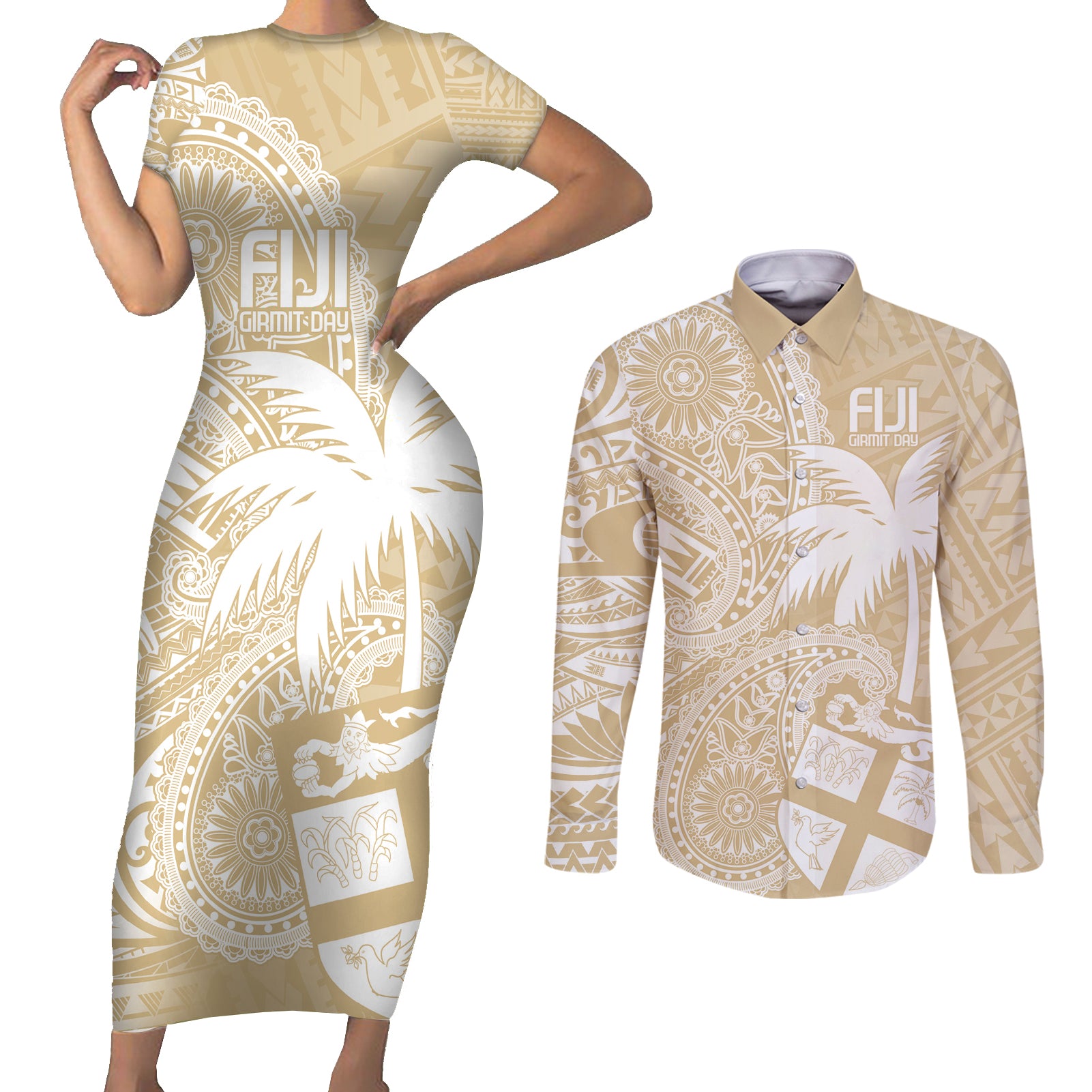 Custom Indo Fijians Couples Matching Short Sleeve Bodycon Dress and Long Sleeve Button Shirt Fiji ke Hindustani Polyneisan Paisley Beige Style LT9 - Wonder Print Shop