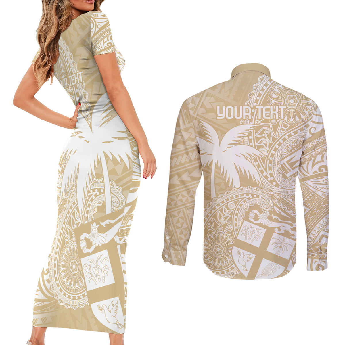 Custom Indo Fijians Couples Matching Short Sleeve Bodycon Dress and Long Sleeve Button Shirt Fiji ke Hindustani Polyneisan Paisley Beige Style LT9 - Wonder Print Shop