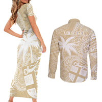 Custom Indo Fijians Couples Matching Short Sleeve Bodycon Dress and Long Sleeve Button Shirt Fiji ke Hindustani Polyneisan Paisley Beige Style LT9 - Wonder Print Shop