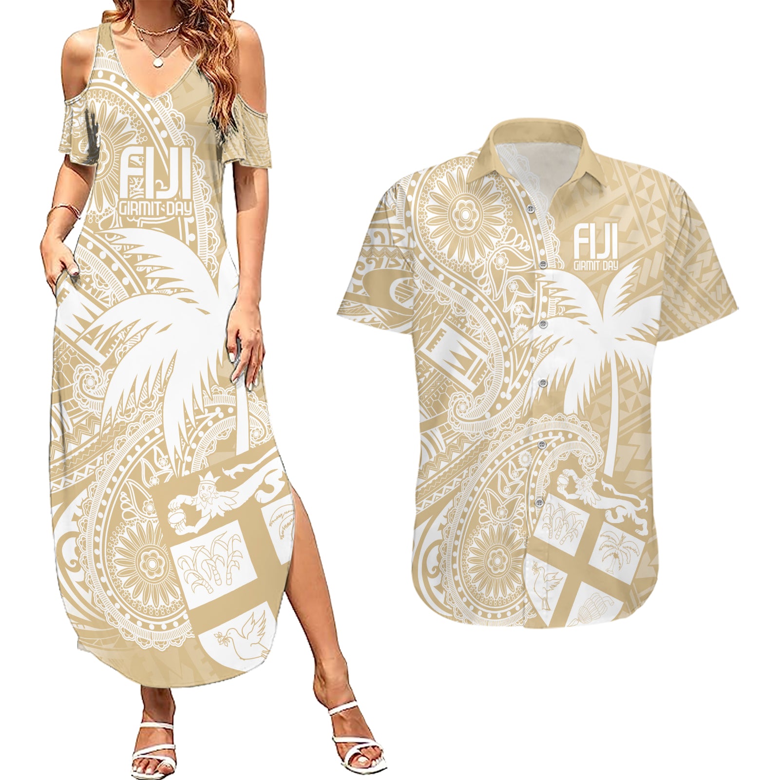 Custom Indo Fijians Couples Matching Summer Maxi Dress and Hawaiian Shirt Fiji ke Hindustani Polyneisan Paisley Beige Style LT9 - Wonder Print Shop